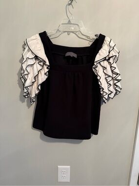 Anthropologie Black Square-Neck Top with White Ruffled Statement Sleeves